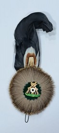 Traditionelle Hutfeder des Schützenvereins in Freren. Zu sehen ist eine runde, mit dunkler Feder besetzte Verzierung, die das Logo mit gekreuzten Gewehren und einer Zielscheibe zeigt.
